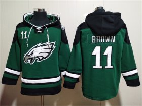Wholesale Men\'s Philadelphia Eagles #11 A. J. Brown Green Lace-Up Pullover Hoodie