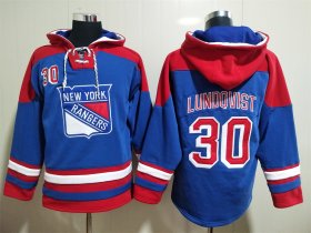 Wholesale Cheap Men\'s New York Rangers #30 Henrik Lundqvist Blue Ageless Must Have Lace Up Pullover Hoodie