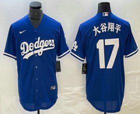 Cheap Men\'s Los Angeles Dodgers #17 Shohei Ohtani Blue Japanese Name Cool Base Jersey