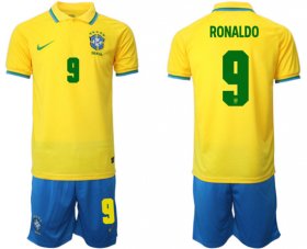 Cheap Men\'s Brazil #9 Ronaldo Yellow Home Soccer Jersey Suit