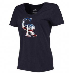 Wholesale Cheap Women\'s Colorado Rockies USA Flag Fashion T-Shirt Navy Blue