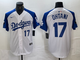 Cheap Men\'s Los Angeles Dodgers #17 Shohei Ohtani Number White Blue Fashion Stitched Cool Base Limited Jersey