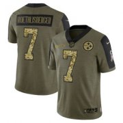 Wholesale Cheap Men's Olive Pittsburgh Steelers #7 Ben Roethlisberger 2021 Camo Salute To Service Limited Stitched Jersey