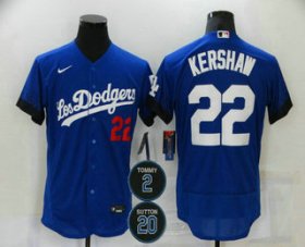 Wholesale Cheap Men\'s Los Angeles Dodgers #22 Clayton Kershaw Blue #2 #20 Patch City Connect Flex Base Stitched Jersey