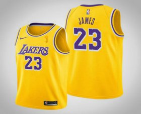 Wholesale Cheap Men\'s Los Angeles Lakers #23 LeBron James 2020 NBA Finals Champions Icon Yellow Jersey