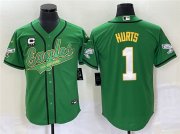 Wholesale Cheap Men's Philadelphia Eagles #1 Jalen Hurts Green With C Patch Cool Base Stitched Baseball Jersey