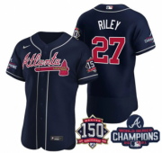 Wholesale Cheap Men's Navy Atlanta Braves #27 Austin Riley Swanson 2021 World Series Champions With 150th Anniversary Flex Base Stitched Jersey