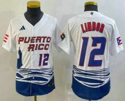 Cheap Youth Puerto Rico Baseball #12 Francisco Lindor Number 2023 White World Baseball Classic Stitched Jerseys