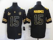 Wholesale Cheap Men's Kansas City Chiefs #15 Patrick Mahomes Black Super Bowl LIV Golden Edition Jersey