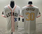 Cheap Men's Houston Astros #30 Kyle Tucker Number 2023 White Gold World Serise Champions Patch Cool Base Stitched Jersey