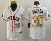 Cheap Youth Houston Astros #30 Kyle Tucker Number 2023 White Gold World Serise Champions Patch Cool Base Stitched Jerseys
