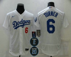Wholesale Cheap Men\'s Los Angeles Dodgers #6 Trea Turner White #2 #20 Patch Stitched MLB Flex Base Nike Jersey