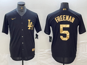 Cheap Men\'s Los Angeles Dodgers #5 Freddie Freeman Black Gold Cool Base Stitched Jersey