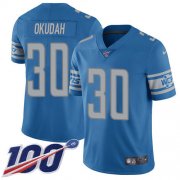 Wholesale Cheap Nike Lions #30 Jeff Okudah Blue Team Color Men's Stitched NFL 100th Season Vapor Untouchable Limited Jersey