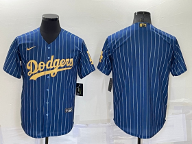 Wholesale Cheap Men\'s Los Angeles Dodgers Blank Navy Blue Gold Pinstripe Stitched MLB Cool Base Nike Jersey