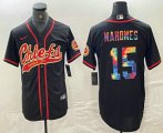 Cheap Men's Kansas City Chiefs #15 Patrick Mahomes Black Multi Color With Patch Cool Base Stitched Baseball Jersey