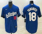 Cheap Men's Los Angeles Dodgers #18 Yoshinobu Yamamoto Number Blue 2021 City Connect Cool Base Stitched Jersey