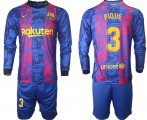 Wholesale Cheap Men 2021-2022 Club Barcelona Second away blue Long Sleeve 3 Soccer Jersey