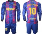 Wholesale Cheap Men 2021-2022 Club Barcelona Second away blue Long Sleeve 10 Soccer Jersey