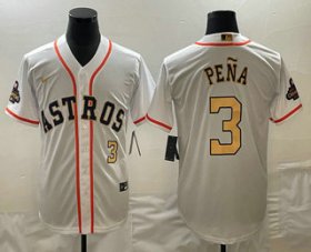 Cheap Men\'s Houston Astros #3 Jeremy Pena 2023 White Gold World Serise Champions Patch Cool Base Stitched Jersey1