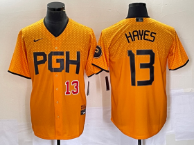 Wholesale Cheap Men\'s Pittsburgh Pirates #13 KeBryan Hayes Number Gold 2023 City Connect Stitched Jersey