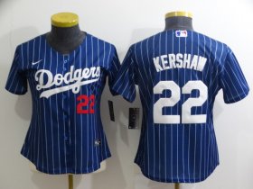 Wholesale Cheap Women\'s Los Angeles Dodgers #22 Clayton Kershaw Navy Blue Pinstripe Stitched MLB Cool Base Nike Jersey