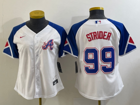 Wholesale Cheap Women\'s Atlanta Braves #99 Spencer Strider White 2023 City Connect Cool Base Stitched Jersey