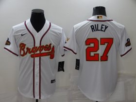 Wholesale Cheap Men\'s Atlanta Braves #27 Austin Riley 2022 White Gold World Series Champions Program Cool Base Stitched Baseball Jersey