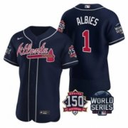 Wholesale Cheap Men Atlanta Braves 1 Ozzie Albies 2021 Navy World Series With 150th Anniversary Patch Stitched Baseball Jersey
