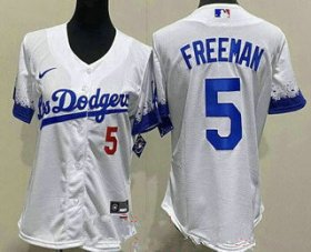Wholesale Cheap Women\'s Los Angeles Dodgers #5 Freddie Freeman White City Red Number Cool Base Jersey