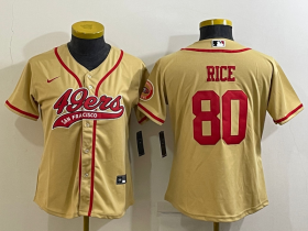 Wholesale Cheap Women\'s San Francisco 49ers #80 Jerry Rice Gold With Patch Cool Base Stitched Baseball Jersey