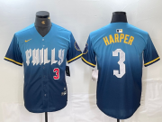 Cheap Mens Philadelphia Phillies #3 Bryce Harper Number Blue 2024 City Connect Limited Stitched Jersey