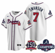 Wholesale Cheap Men's White Atlanta Braves #7 Dansby Swanson 2021 World Series Champions With 150th Anniversary Patch Cool Base Stitched Jersey