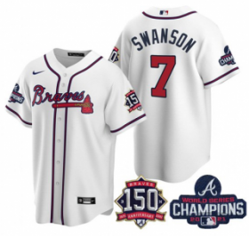 Wholesale Cheap Men\'s White Atlanta Braves #7 Dansby Swanson 2021 World Series Champions With 150th Anniversary Patch Cool Base Stitched Jersey