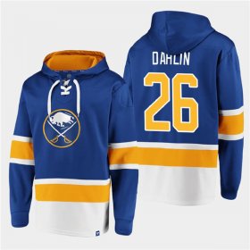 Wholesale Cheap Men\'s Buffalo Sabres #26 Rasmus Dahlin Royal Ageless Must-Have Lace-Up Pullover Hoodie
