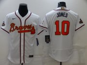 Wholesale Cheap Men's Atlanta Braves #10 Chipper Jones 2022 White Gold World Series Champions Program Flex Base Stitched Baseball Jersey