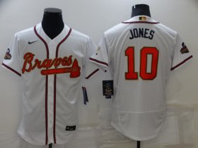 Wholesale Cheap Men\'s Atlanta Braves #10 Chipper Jones 2022 White Gold World Series Champions Program Flex Base Stitched Baseball Jersey