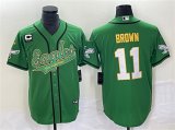 Wholesale Cheap Men's Philadelphia Eagles #11 A. J. Brown Green Gold With C Patch Cool Base Baseball Stitched Jersey