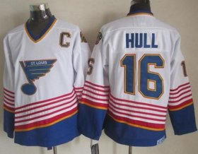 Wholesale Cheap Blues #16 Brett Hull White/Light Blue CCM Throwback Stitched NHL Jersey