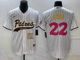 Wholesale Cheap Men\'s San Diego Padres #22 Juan Soto Number White Pinstripe 2023 City Connect Cool Base Stitched Jersey