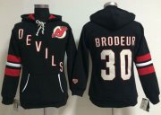 Wholesale Cheap New Jersey Devils #30 Martin Brodeur Black Women's Old Time Heidi NHL Hoodie