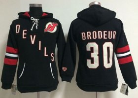 Wholesale Cheap New Jersey Devils #30 Martin Brodeur Black Women\'s Old Time Heidi NHL Hoodie