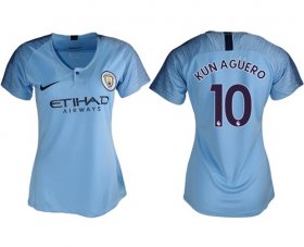 Wholesale Cheap Women\'s Manchester City #10 Kun Aguero Home Soccer Club Jersey