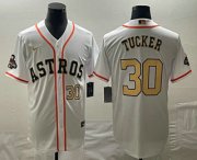 Cheap Men's Houston Astros #30 Kyle Tucker Number 2023 White Gold World Serise Champions Patch Cool Base Stitched Jersey1