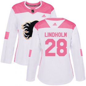 Wholesale Cheap Adidas Flames #28 Elias Lindholm White/Pink Authentic Fashion Women\'s Stitched NHL Jersey