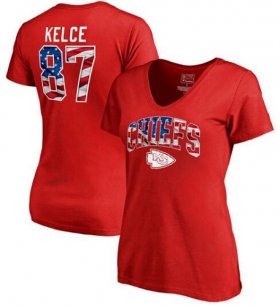 Wholesale Cheap Women\'s Kansas City Chiefs #87 Travis Kelce NFL Pro Line by Fanatics Branded Banner Wave Name & Number T-Shirt Red