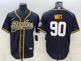 Wholesale Cheap Men\'s Pittsburgh Steelers #90 TJ Watt Black With Patch Cool Base Stitched Baseball Jersey