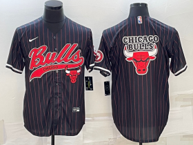 Wholesale Cheap Men\'s Chicago Bulls Black Pinstripe Team Big Logo With Patch Cool Base Stitched Baseball Jersey