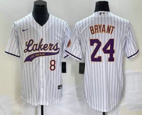 Wholesale Cheap Men\'s Los Angeles Lakers #8 #24 Kobe Bryant White Pinstripe With Patch Cool Base Stitched Baseball Jersey