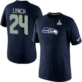 Wholesale Cheap Nike Seattle Seahawks #24 Marshawn Lynch Name & Number 2015 Super Bowl XLIX NFL T-Shirt Navy Blue